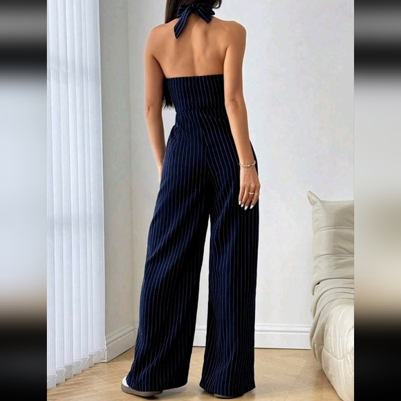 Striped Print Backless Button Up Casual Sleeveless Jumpsuit - Picture 2 of 4